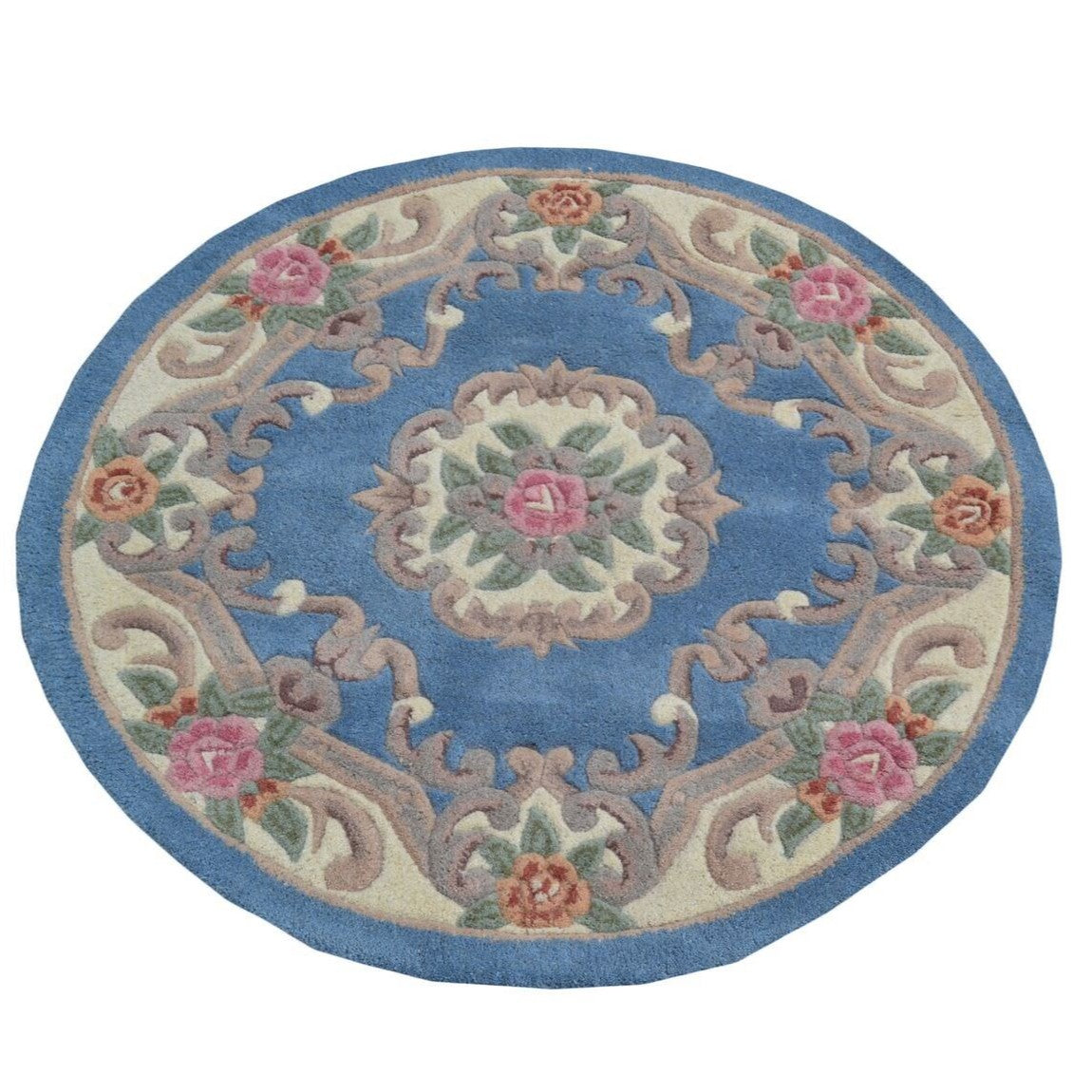 French Floral Handwoven Woolen Rug - Blue - Round
