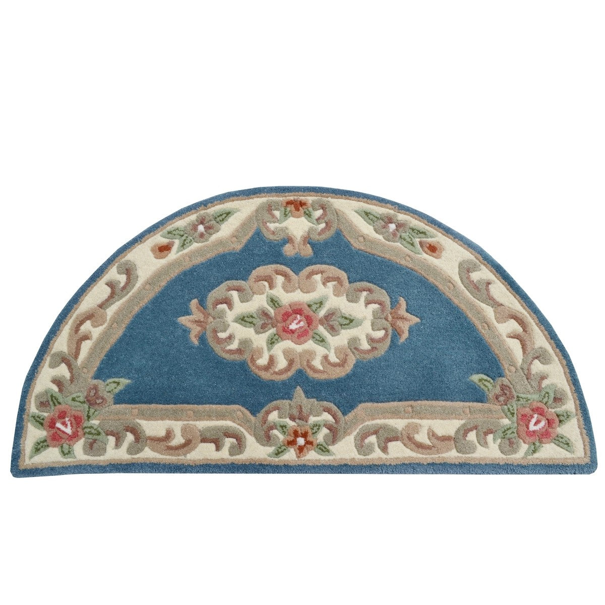 French Floral Handwoven Woolen Rug - Blue - Semicircle