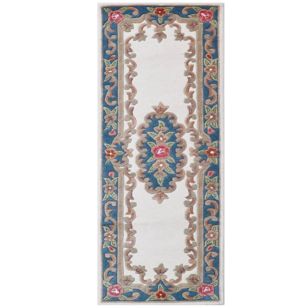 French Floral Handwoven Woolen Rug - Ivory / Blue - Floor Runner