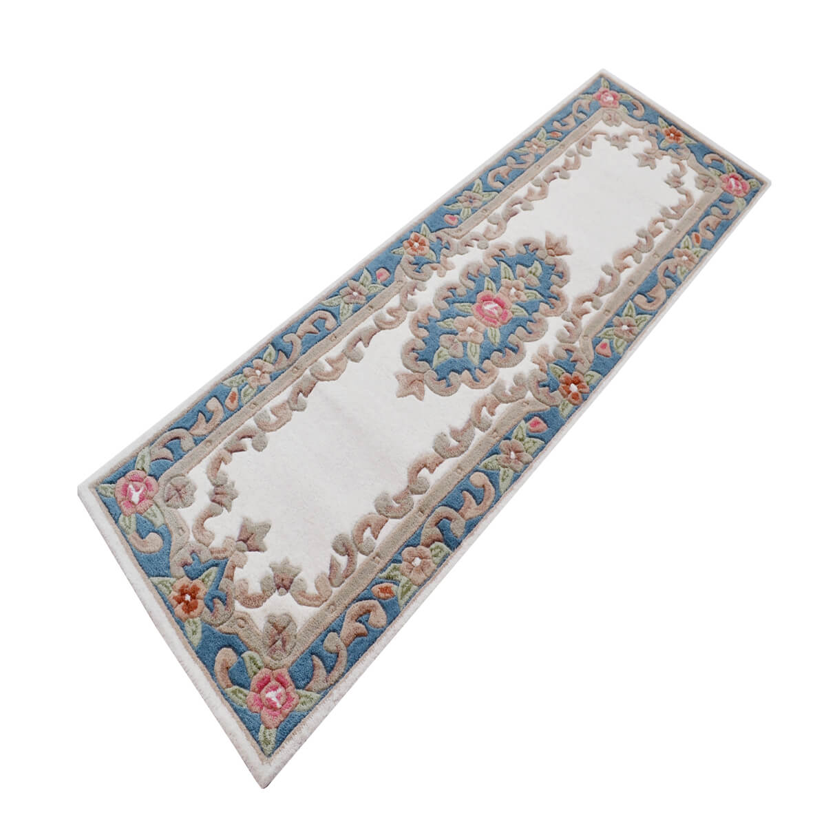 French Floral Handwoven Woolen Rug - Ivory / Blue - Floor Runner