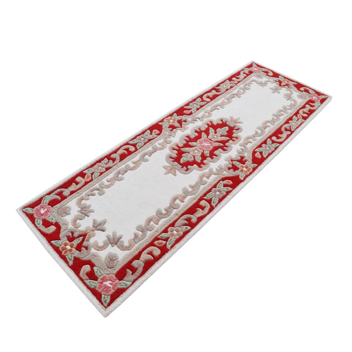 French Floral Handwoven Woolen Rug - Ivory / Red - Floor Runner