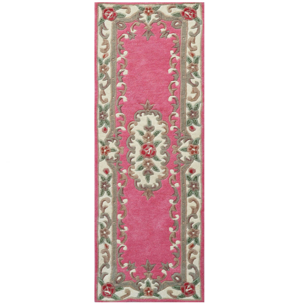 French Floral Handwoven Woolen Rug - Pink - Floor Runner