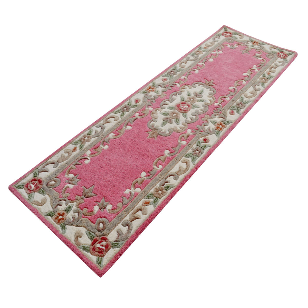French Floral Handwoven Woolen Rug - Pink - Floor Runner