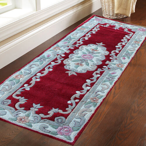 French Floral Handwoven Woolen Rug - Red - Floor Runner