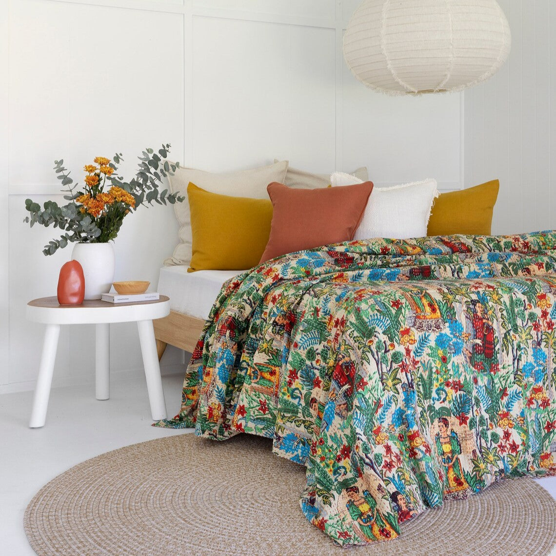Frida Kahlo Inspired Reversible Cotton Bedspread King Size