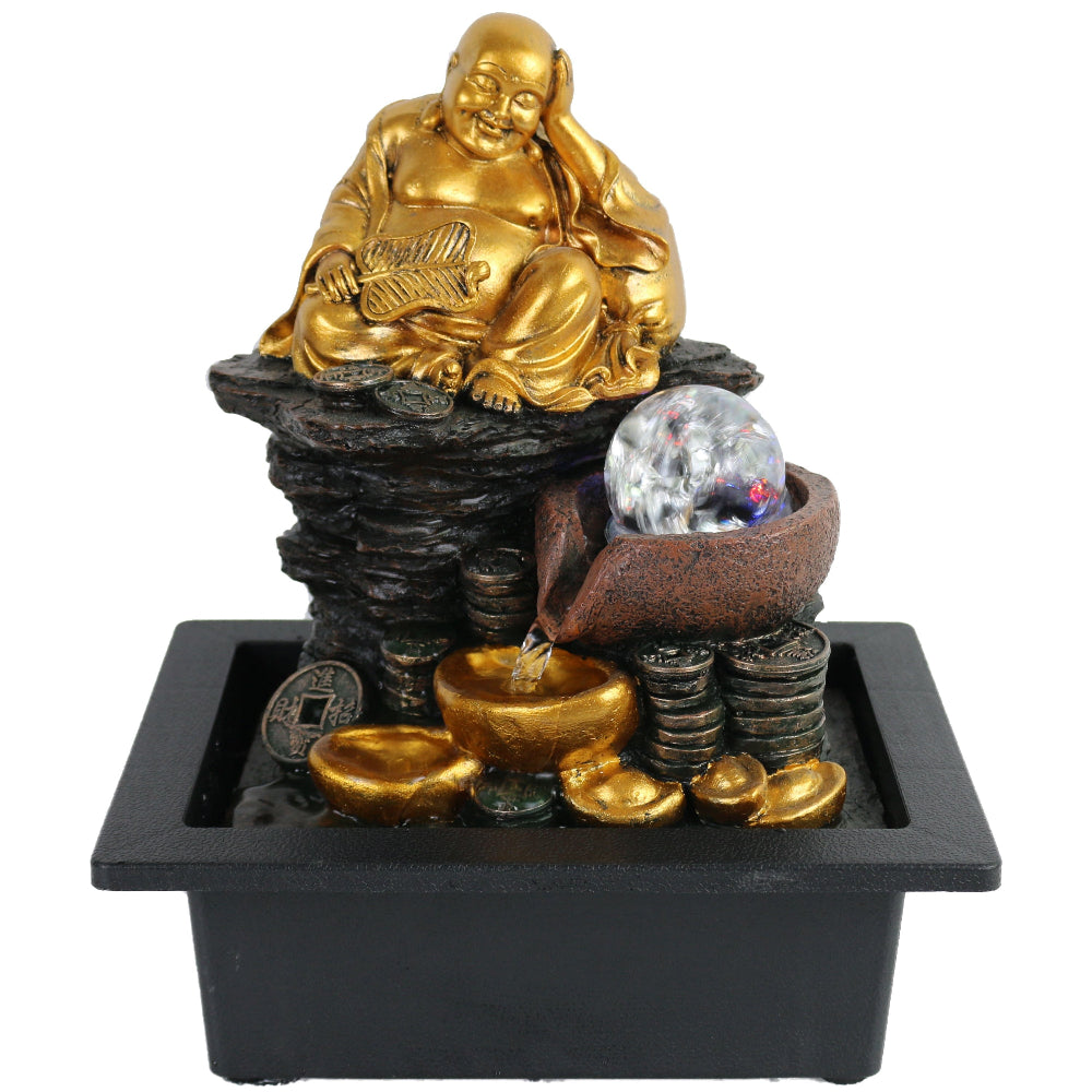 Gilt Laughing Buddha Polyresin Fountain Tabletop Decor