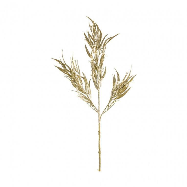 Set of 5 Golden Artificial Feather Leaf Sprays with Sparkle