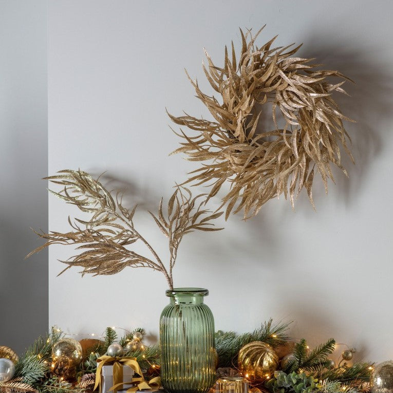 Set of 5 Golden Artificial Feather Leaf Sprays with Sparkle