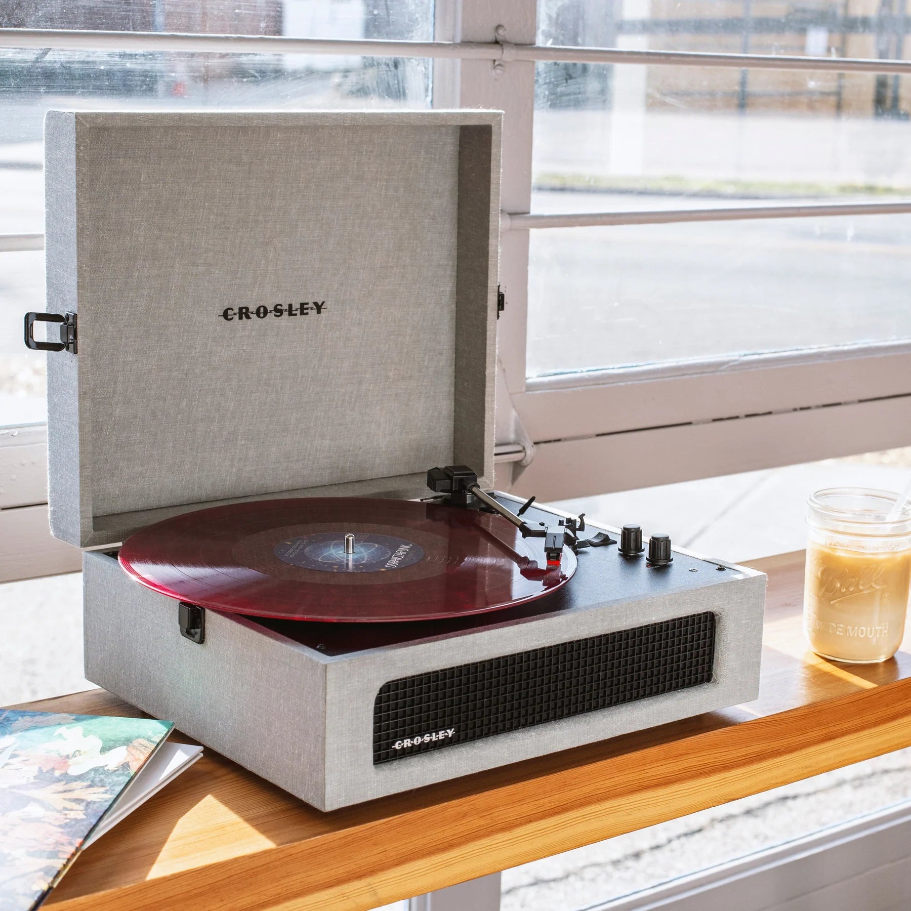 Grey Crosley Cruiser Turntable + Record Storage Display