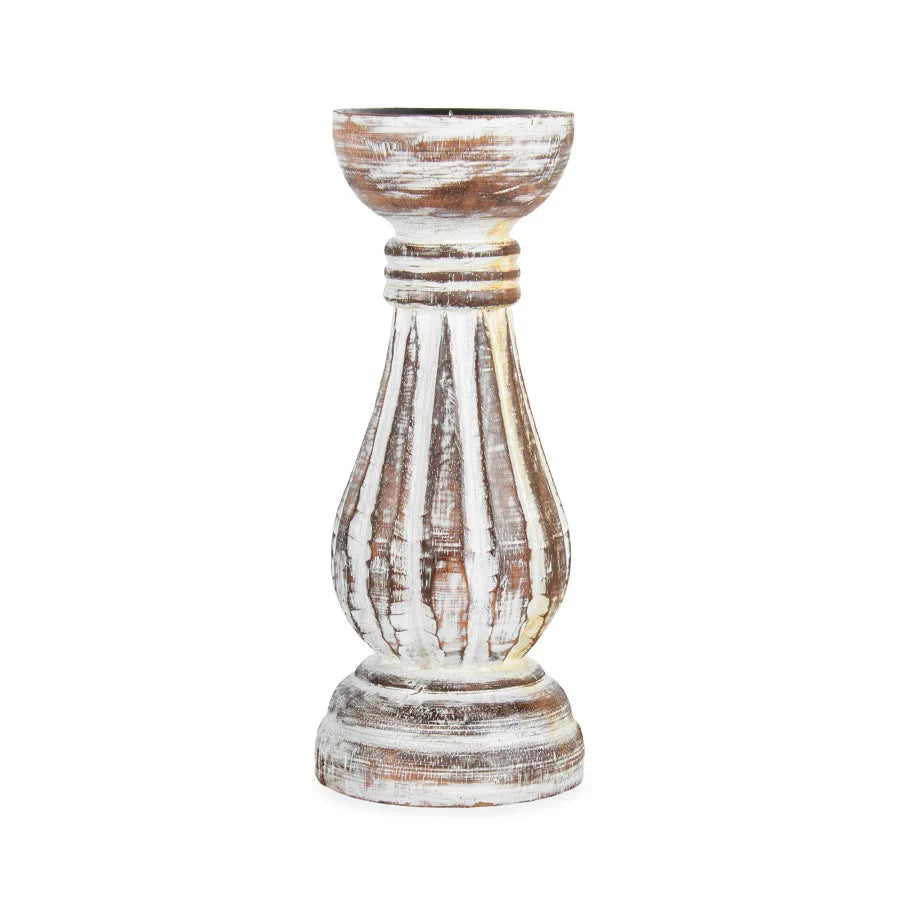 Hand-Carved Classic Candleholder - Whitewash 25cms