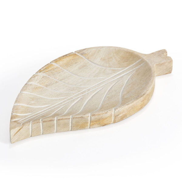 Hand-Carved Mango Wood Leaf-Shape Tray - 30cms