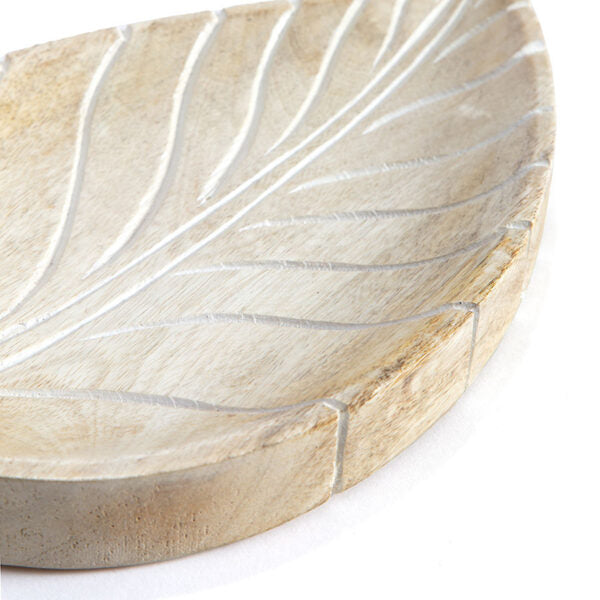 Hand-Carved Mango Wood Leaf-Shape Tray - 30cms
