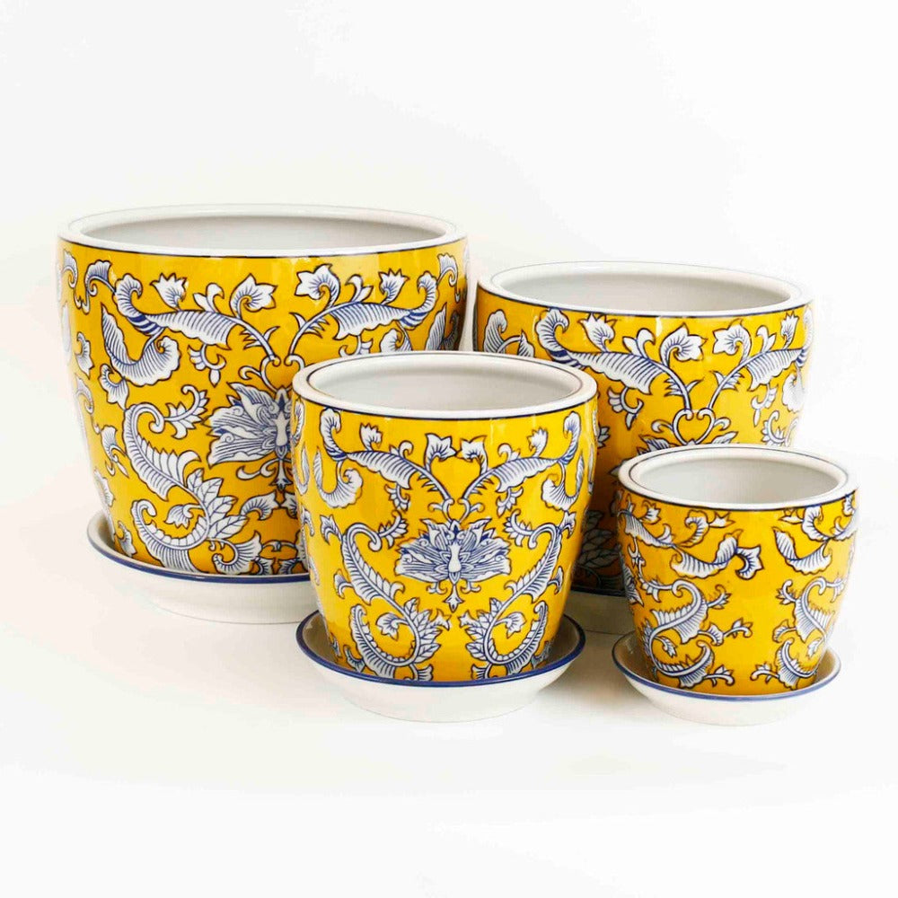 Hand Painted Blue Regal Design Ceramic Planters - Set of 4