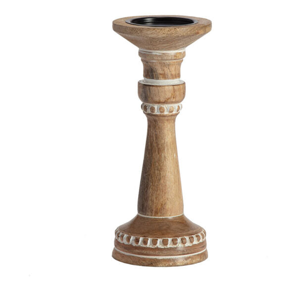 Handcrafted Carved Mango Wood Pillar Candleholder - 30cms