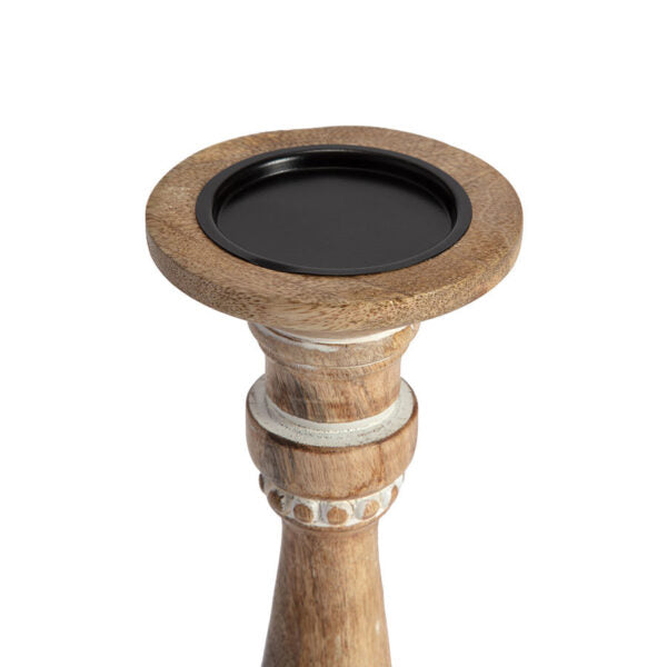 Handcrafted Carved Mango Wood Pillar Candleholder - 30cms