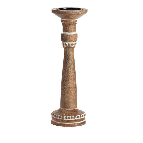 Handcrafted Carved Mango Wood Pillar Candleholder - 40cms
