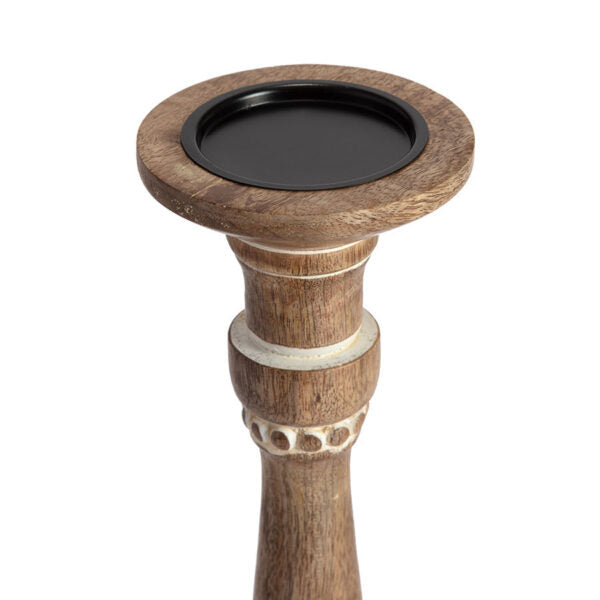 Handcrafted Carved Mango Wood Pillar Candleholder - 40cms