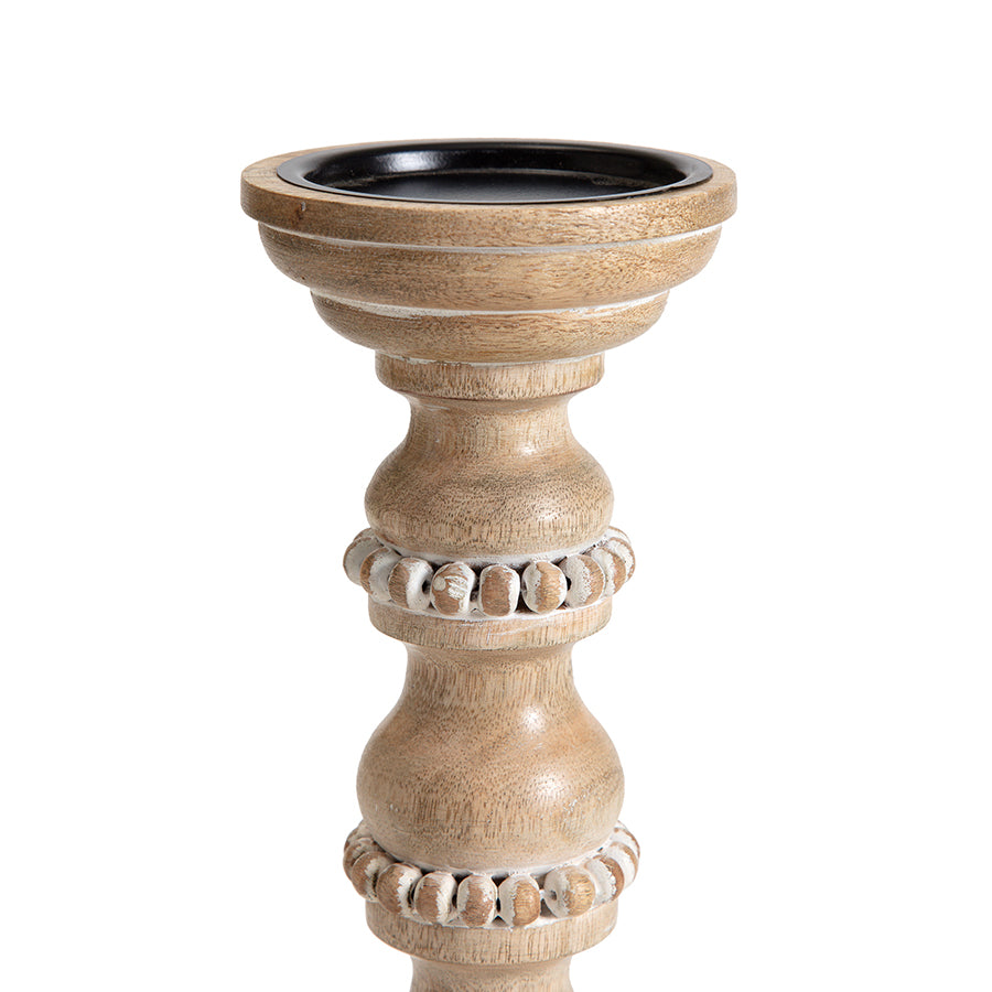 Handcrafted Mango Wood Beaded Pillar Candleholder - 12x30cms