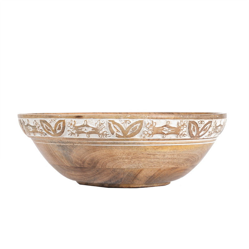 Handcrafted Mango Wood Bowl with Leaf Carving - 30x30x10cms
