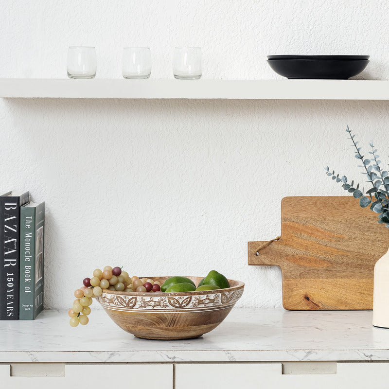 Handcrafted Mango Wood Bowl with Leaf Carving - 30x30x10cms