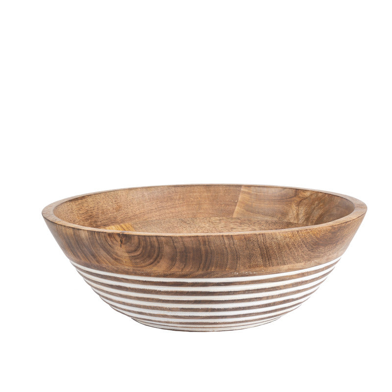 Handcrafted Mango Wood Bowl with White Carving - 30x30x10cms