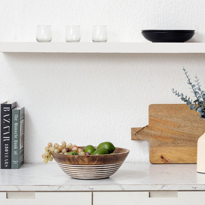 Handcrafted Mango Wood Bowl with White Carving - 30x30x10cms