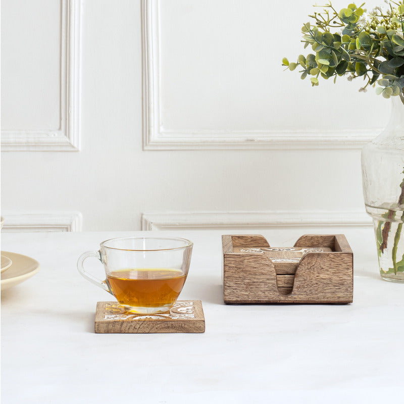 Handcrafted Mango Wood Burnt 4 Pcs Coaster - 12.5×12.5×5.5cms