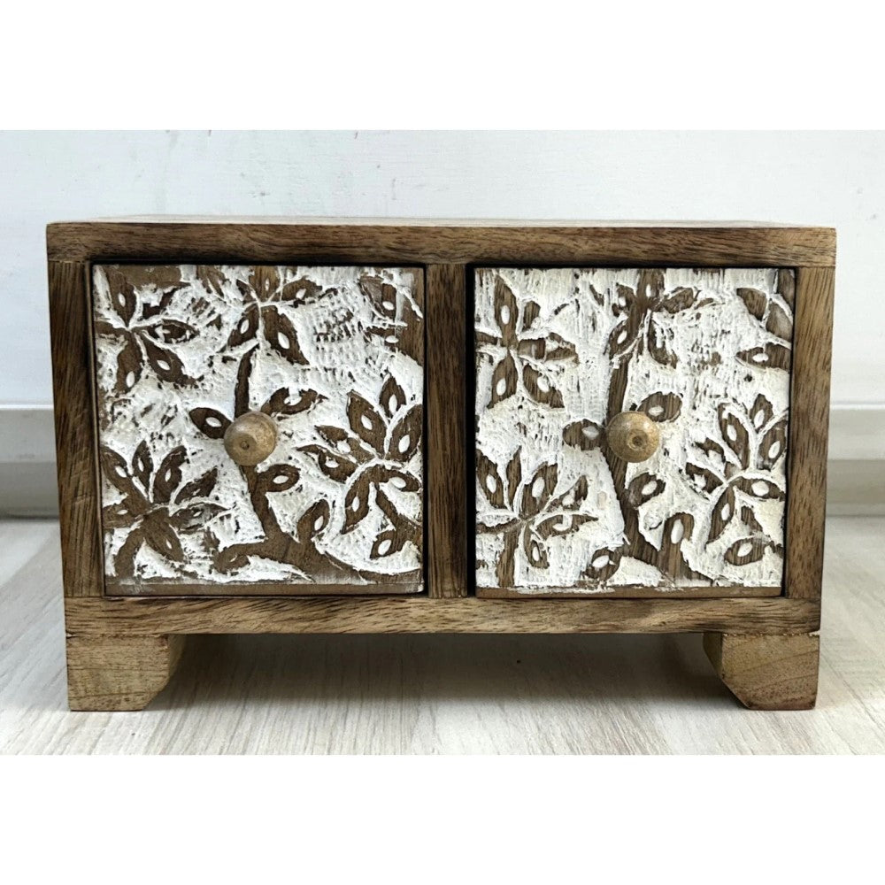 Handcrafted Mango Wood Carved 2-Drawer Box