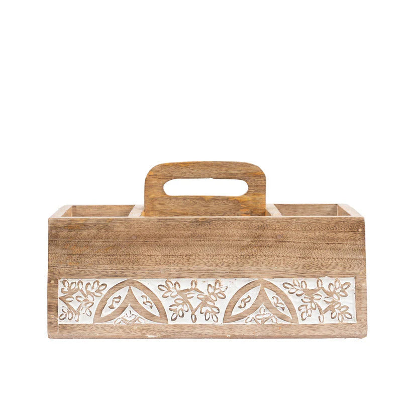 Handcrafted Mango Wood Carved Storage Caddy
