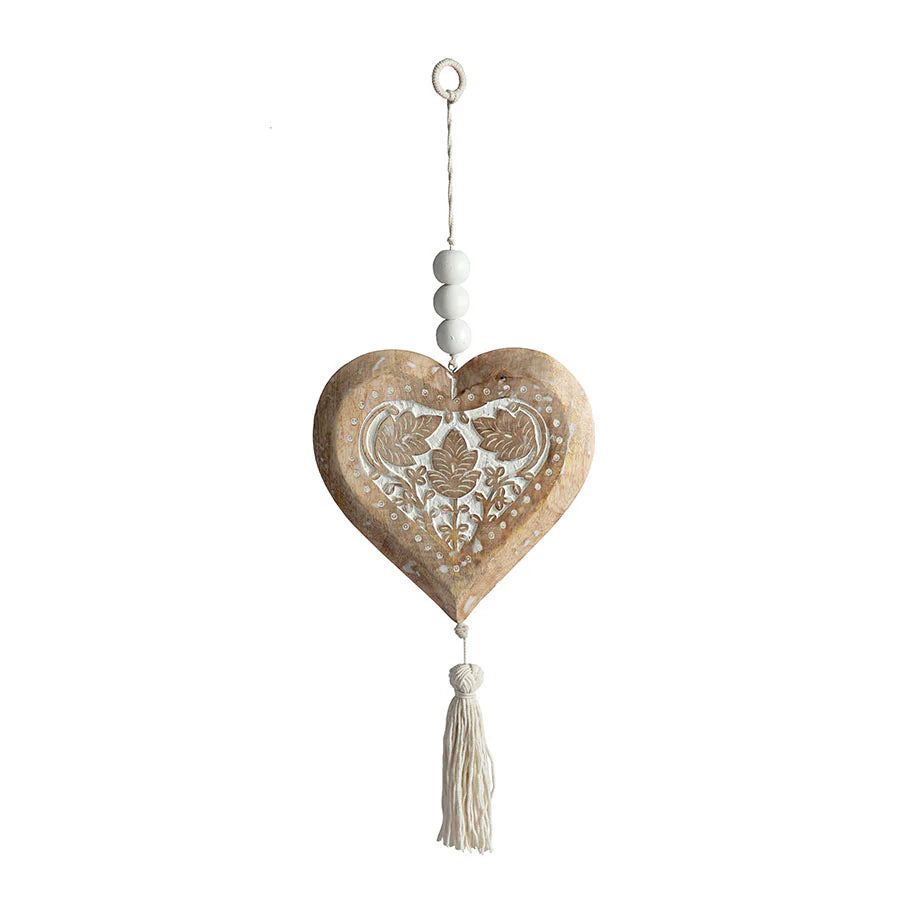 Handcrafted Mango Wood Heart with Beads & Tassel