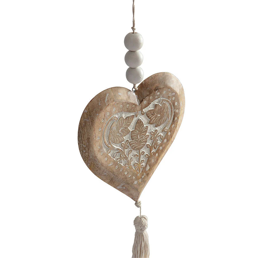 Handcrafted Mango Wood Heart with Beads & Tassel
