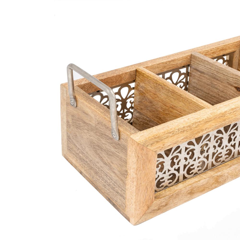 Handcrafted Mango Wood Three-Division Cutlery/Storage Caddy