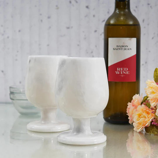 Handcrafted Natural Marble Wine Glasses - White