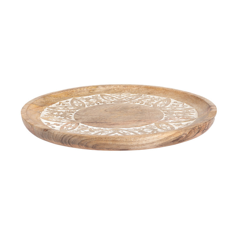 Handcrafted Round Mango Wood Carved Platter Tray