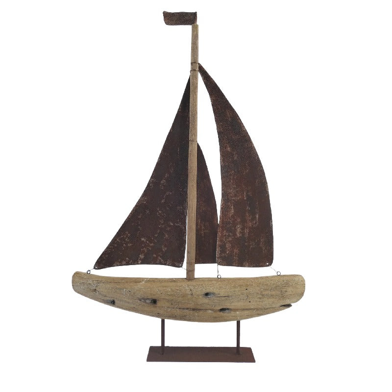 Handcrafted Timber & Rust Metal Sailboat - 47×8.5x70cms