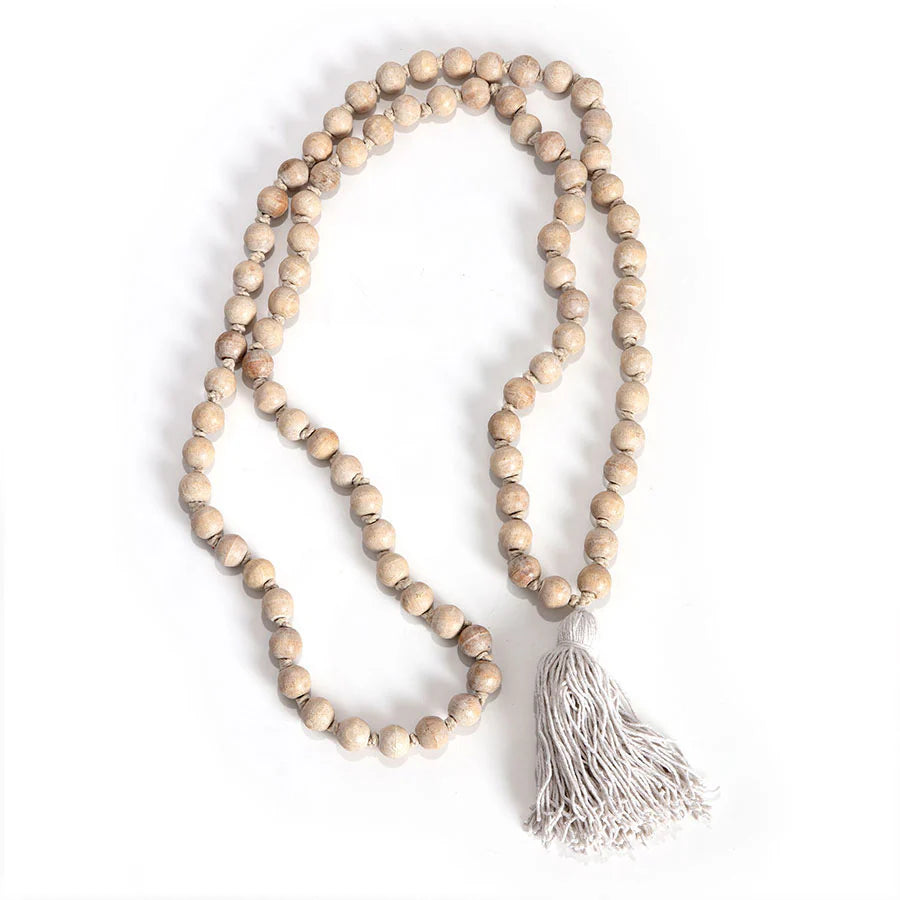 Handcrafted White Mango Wood Bead Garland with Tassel - 120cms