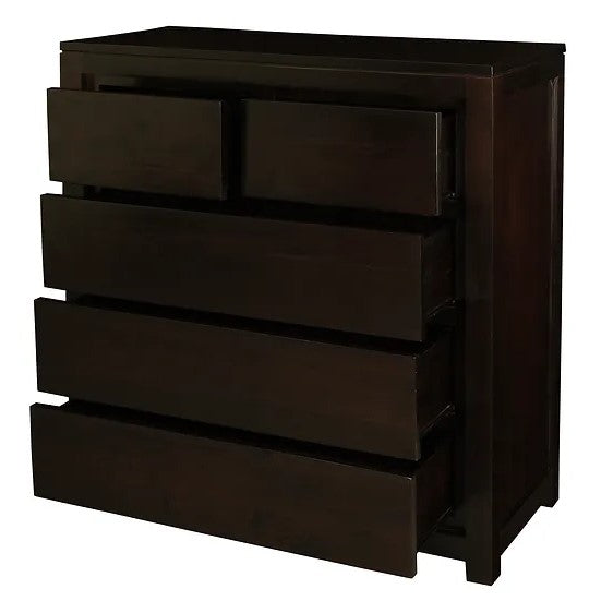 Handcrafted Wooden 5 Drawer Tallboy - Dark Brown