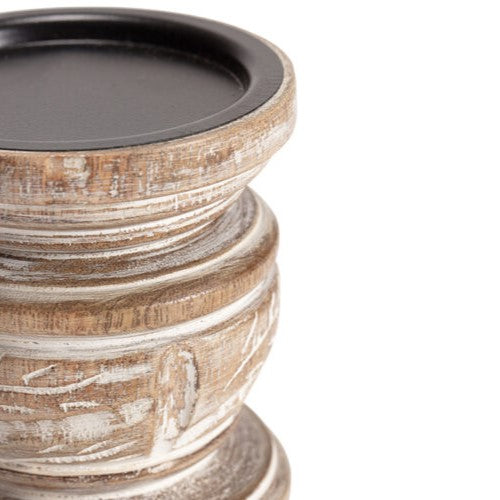 Handcrafted Wooden Carved Pillar Candle Holder 15.5cms