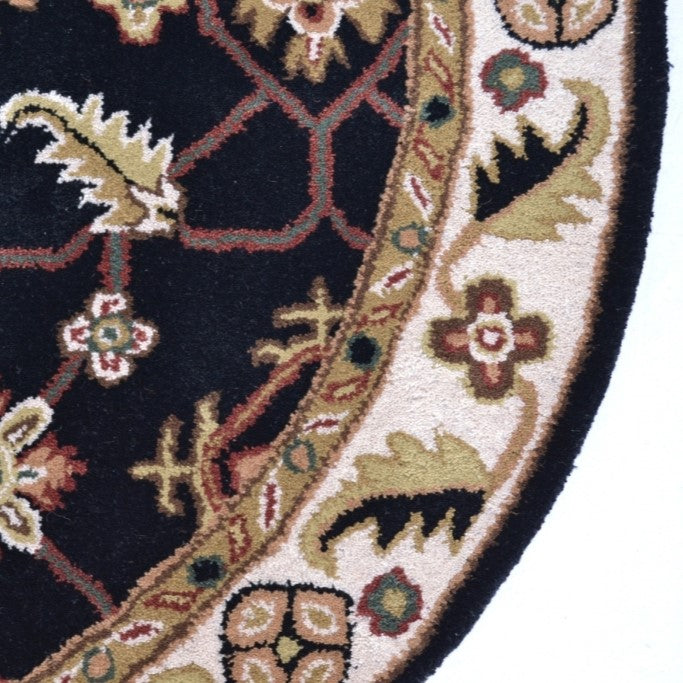 Handmade Black & Cream Floral Wool Rug - Round