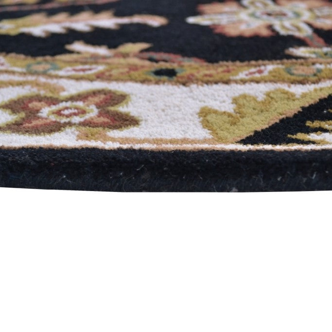 Handmade Black & Cream Floral Wool Rug - Round
