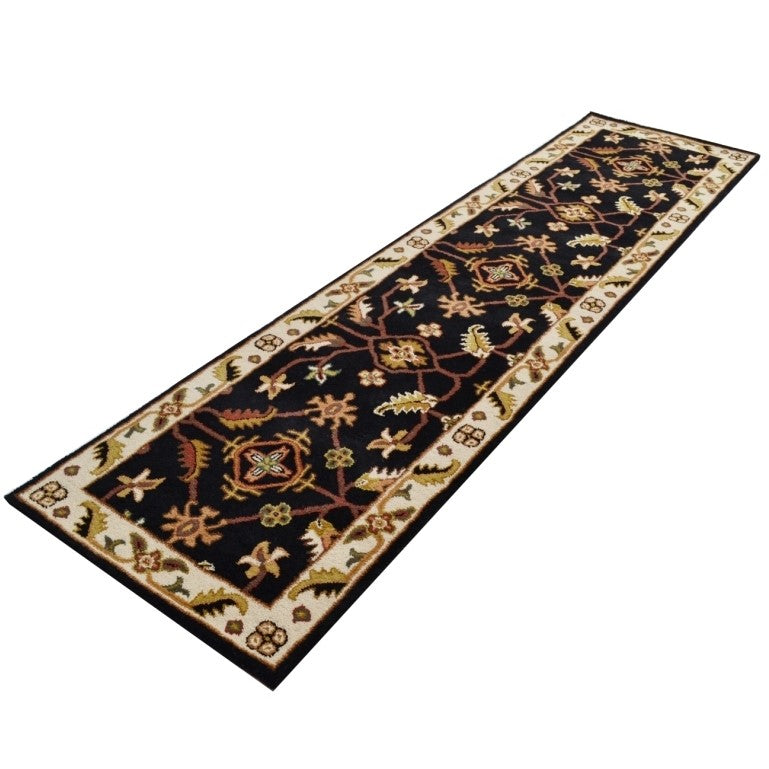 Handmade Black & Cream Floral Wool Rug - Floor Runner