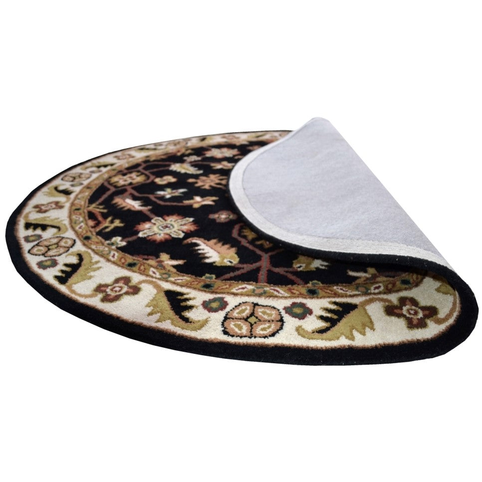 Handmade Black & Cream Floral Wool Rug - Round