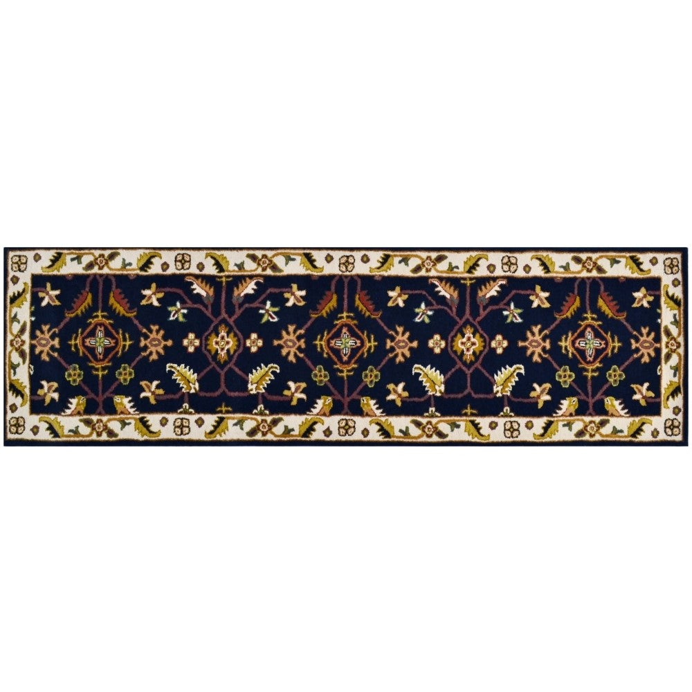 Handmade Black & Cream Floral Wool Rug - Floor Runner