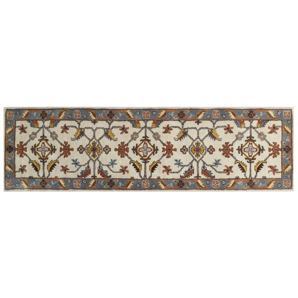 Handmade Grey & Cream Floral Wool Rug - Floor Runner