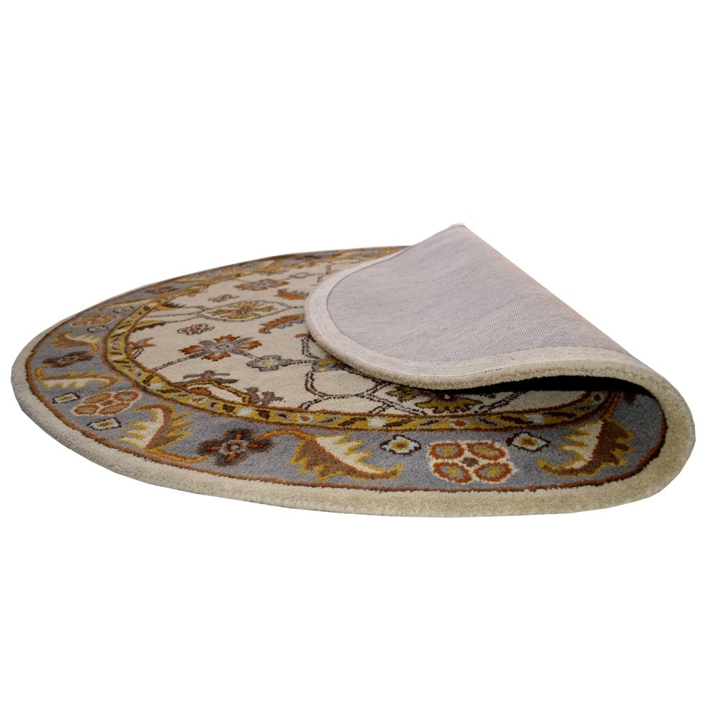 Handmade Grey & Cream Floral Wool Rug - Round