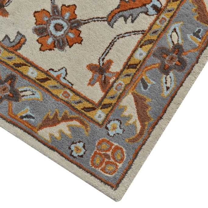 Handmade Grey & Cream Floral Wool Rug - Floor Runner
