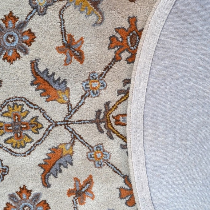 Handmade Grey & Cream Floral Wool Rug - Round