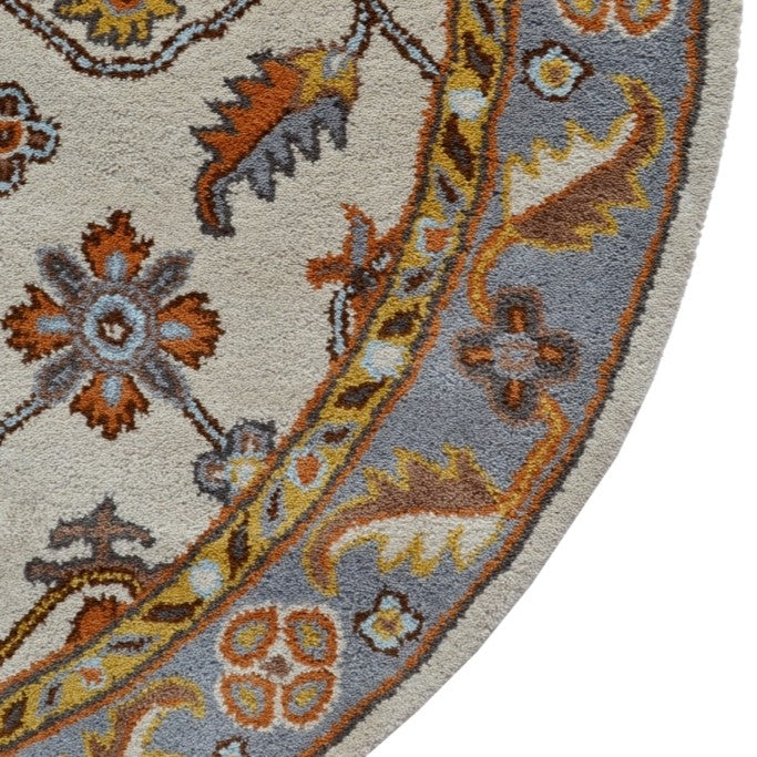 Handmade Grey & Cream Floral Wool Rug - Round