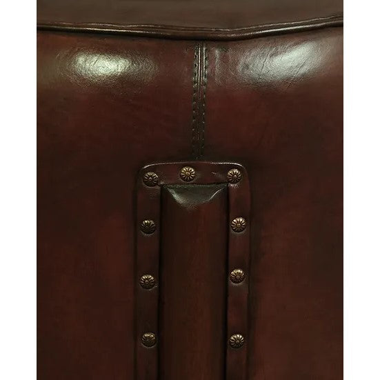 Heritage Round Wooden Leather Ottoman - Brown