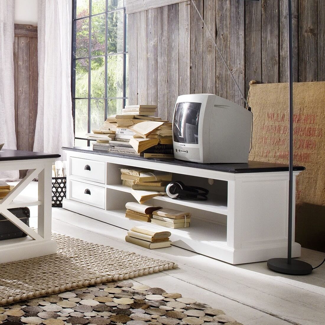 Iconic 2 Drawers 2 Shelves Entertainment Unit 180cms W/ Black Top